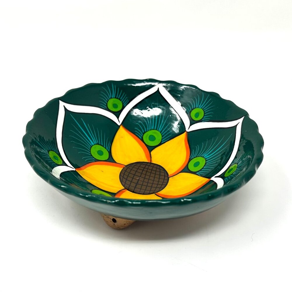 Mexican Folk Art Yellow Flower Trinket Bowl Footed Colorful Signed Super Cute!